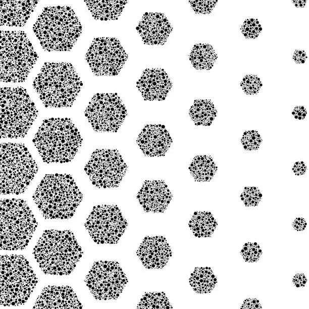 Vector illustration of Hexagons filled with small non-overlapping dots, arranged with a horizontal size gradient, creating a visually engaging dotted geometric pattern.