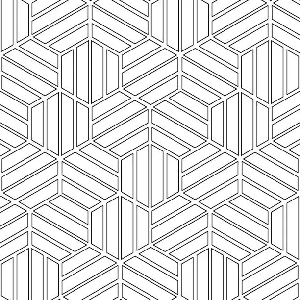 Vector illustration of Striped, halved gradient hexagons assembled in a honeycomb pattern, offering a visually intriguing geometric design.