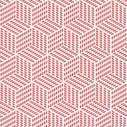 Step into a geometric domain with this cube pattern where each visible side of the cubes is adorned with red dots meticulously arranged in an 8x4 grid. The precise arrangement of the red dots on each face creates a rhythmic pattern that showcases a modern take on geometric design through a dot matrix lens. The red dots against the cube silhouette create a visually stimulating contrast, making each cube distinct yet harmoniously blended within the pattern. This design is a delightful blend of simplicity, color, and geometric precision, making it a captivating choice for digital backgrounds, graphical interfaces, or any design project seeking a modern and geometrically appealing aesthetic.
