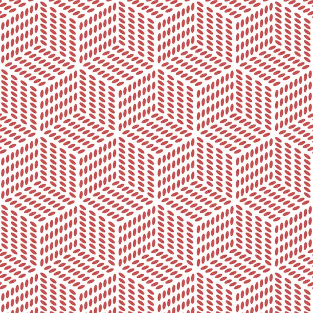 Vector illustration of A cube pattern with each visible side comprised of red dots arranged in an 8x4 grid, creating a visually engaging geometric dot matrix design.