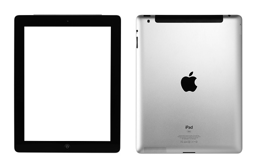 Tablet empty display. Electronic device. Multimedia technology. Front view of modern gadget with copy space black screen mirrored isolated on white background.