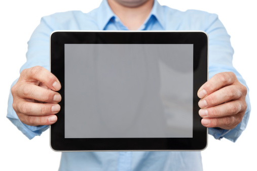 Casual Businessman Showing Digital Tablet PC With Blank Screen (Horizontal)