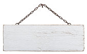 Old weathered white wood signboard.