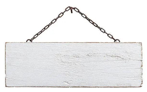 Old weathered white wood signboard, hanging by an old chain from a nail, composite image, isolated on white, clipping path included.