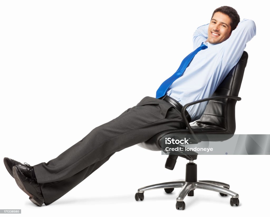 Relaxed Young Businessman - Isolated Portrait of a relaxed young businessman sitting in an office chair with hands behind head. Horizontal shot. Isolated on white. Businessman Stock Photo