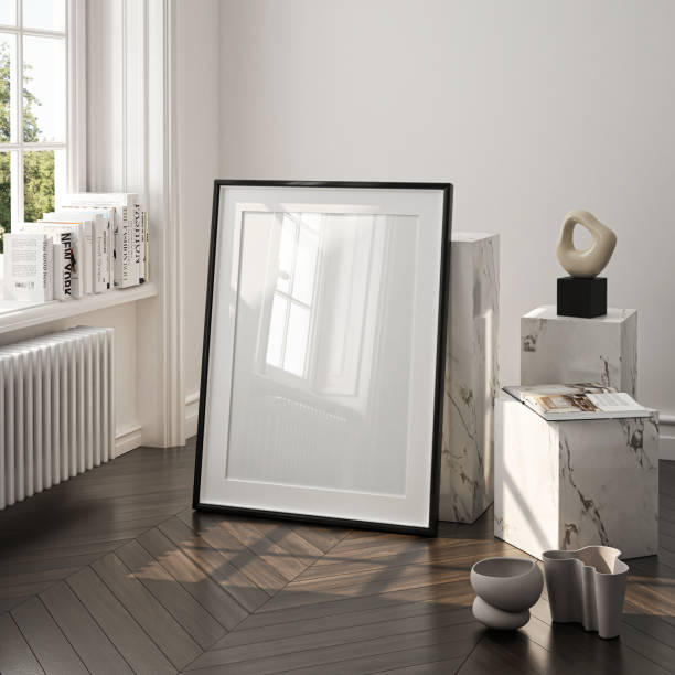 istock Frame mockup, single vertical ISO A paper size, reflective glass, mockup poster on the wall of living room. Interior mockup. Apartment background. Modern interior design. 3D render 1713395029
