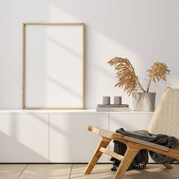 istock Frame mockup, single vertical ISO A paper size, reflective glass, mockup poster on the wall of living room. Interior mockup. Apartment background. Modern interior design. 3D render 1713395031