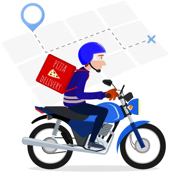 Vector illustration of delivery boy - moto boy - with helmet and equipped with pizza bag. Pizza delivery. location map as background.