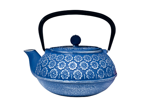 Ceramic teapot of blue colour, Japanese tableware, Chinese tea drinking culture, oriental style, isolated on white background