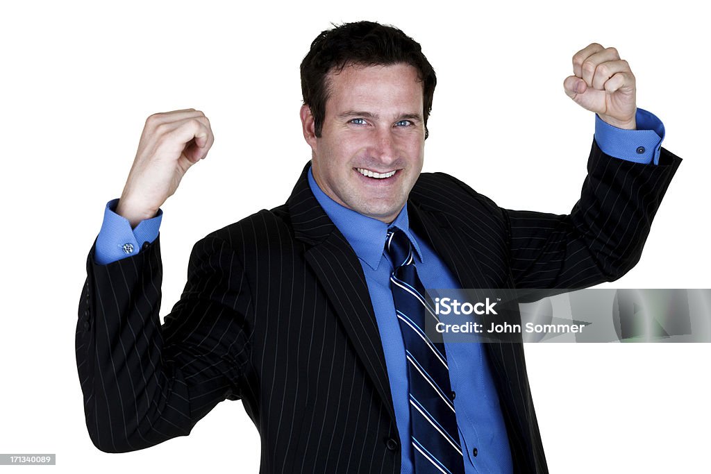 Happy businessman Happy businessman cheering and isolated on white background  30-39 Years Stock Photo