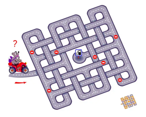 Vector illustration of Logic puzzle game with labyrinth for children and adults. Help the motorbike driver find the way to the gas station. Worksheet for kids brain teaser book. Play online. Flat vector illustration.