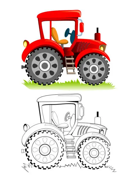 Vector illustration of Colorful and black and white template for coloring. Cute toy tractor model. Illustration for boys. Worksheet for kids. Coloring book for children and adults. Flat cartoon vector.