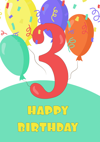 Birthday card with number 3 in cartoon style