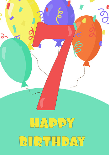 Birthday card with number 7 in cartoon style
