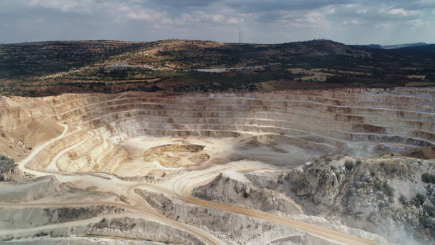 Aerial view of a large open-pit quarry
