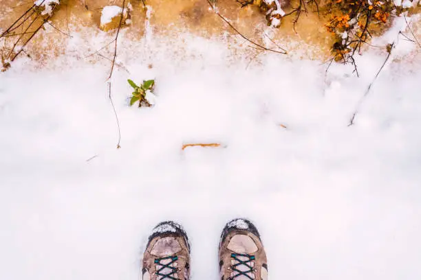 Mountain boots on the snow, seen from the view of the hiker.