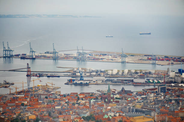 Aerial photo of a big city with industrial harbor stock photo