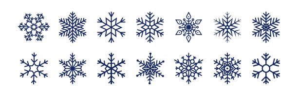 ilustraciones, imágenes clip art, dibujos animados e iconos de stock de conjunto de iconos de copos de nieve. hielo, congelado, copos de nieve para el diseño navideño, fondo. adorno de cristal azul para la tarjeta de vacaciones. ilustración vectorial. - ice crystal textured ice winter