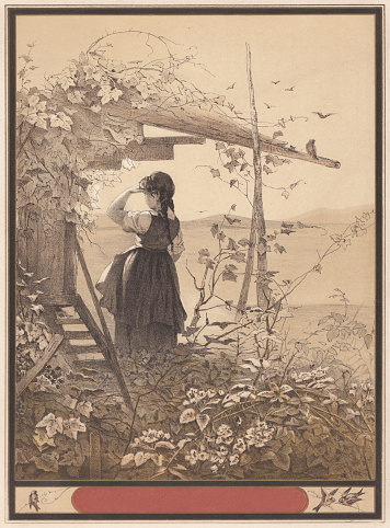 Good visitors comes uninvited - Young girl awaits to visitors. Lithograph, published c. 1876.