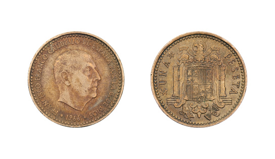 front and reverse of a One-Peseta-Coin, Spain, 1966, isolated on white, the back shows Francisco Franco