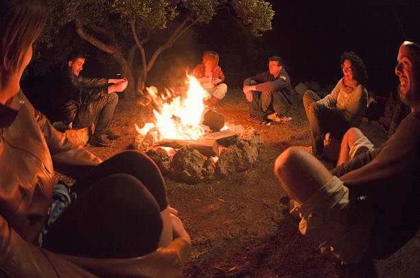 istock Group gathered around campfire in the woods 171344295