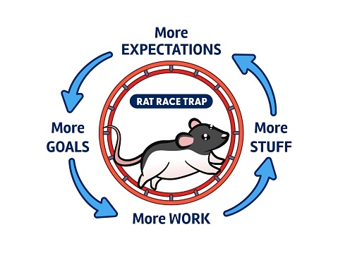 Business concept with rat race trap on hamster wheel. Motivational Illustration