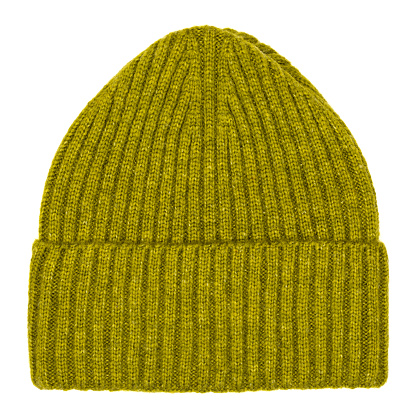 Heather citron knitted winter bobble hat of traditional design flat lay isolated on white background