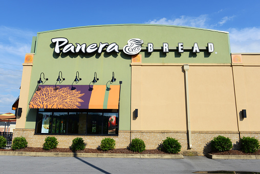 Johnson City, TN, USA - August 11, 2012: Exterior of a Panera Bread restaurant in northeast Tennessee. Panera Bread is a chain of casual dining bakery-cafes with 1500 locations in forty States.