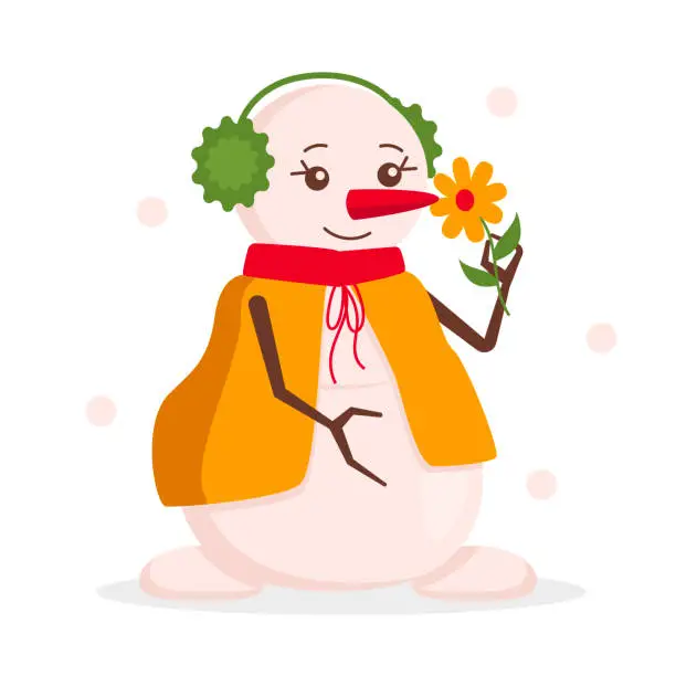 Vector illustration of Cute snow woman in warm clothes and fur headphones smells a flower. Snowing. Vector graphic.