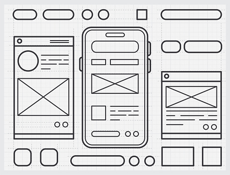 Mobile phone application UI design on a blueprint background vector illustration.