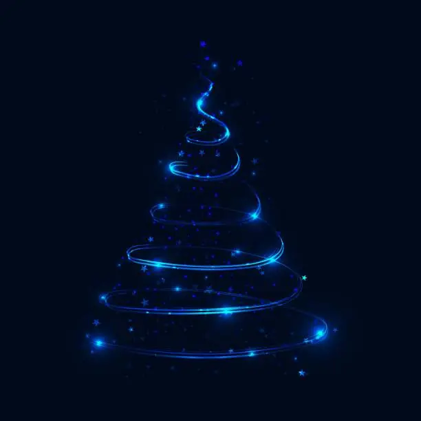 Vector illustration of Shine spiral blue Christmas tree with stars, snowflakes and glittering particles. Abstract shiny glowing sparkling wavy lines. Vector illustration.