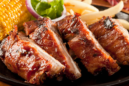 Barbecue Ribs with French Fries, Salad and Corn on the Cob,Tex Mex Food