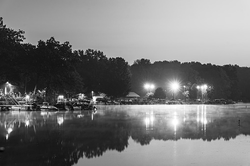 B&W morning reflection of a lake shore