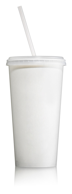 White Disposable Paper Soft Drink Cup with lid and straw for soda or colas against a white background