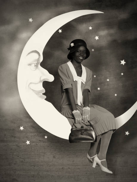 Flapper girl.On the moon Emulation of vintage style photography.Contain grain for more vintage effect. pin up girl photos stock pictures, royalty-free photos & images