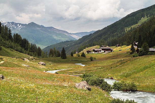 The Dischma valley and river near the village of Teufi in the Swiss canton of Graub
