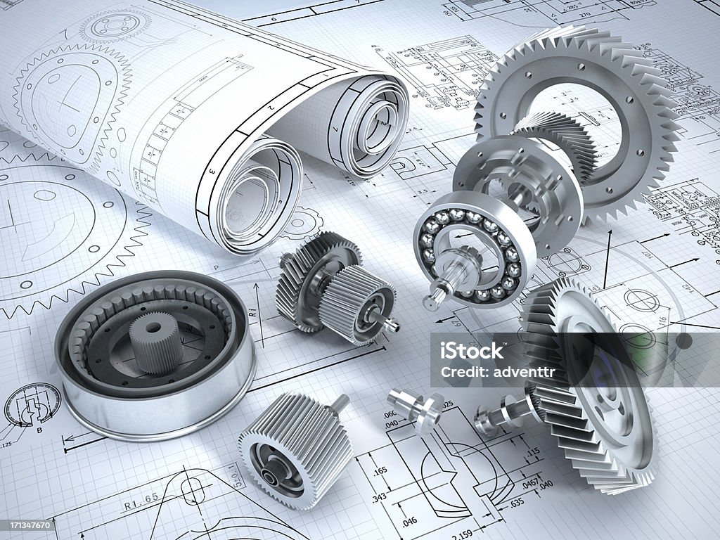 Engineering Blueprints and 3D metal machine parts. Mechanical engineering concept. Machinery Stock Photo