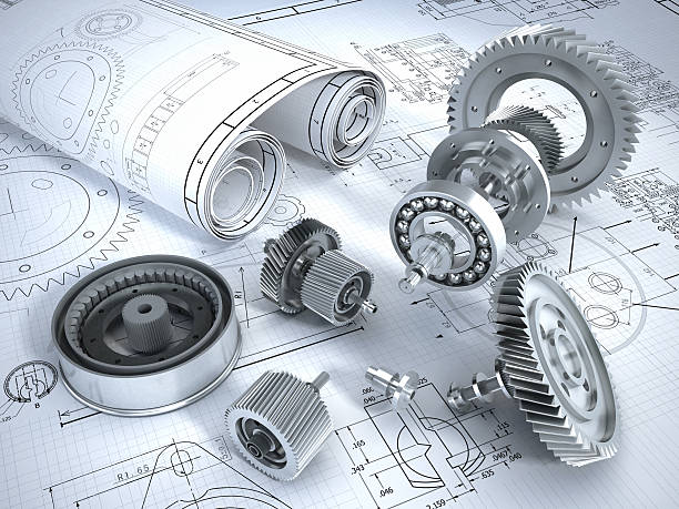 Engineering Blueprints and 3D metal machine parts. Mechanical engineering concept. machine part stock pictures, royalty-free photos & images