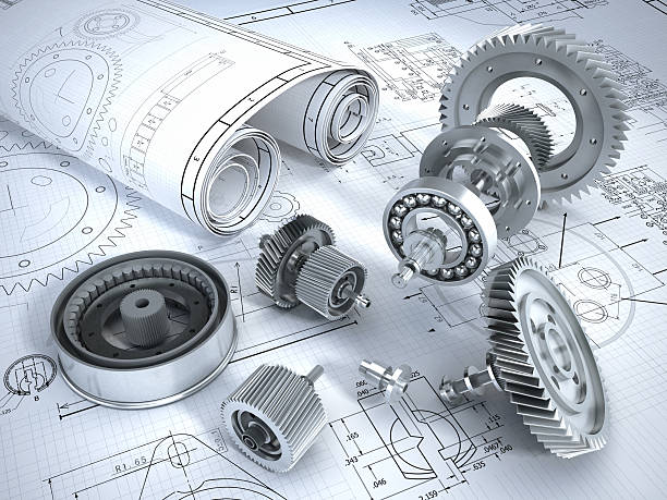 Engineering Blueprints and 3D metal machine parts. Mechanical engineering concept. mechanized stock pictures, royalty-free photos & images