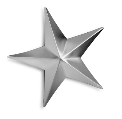 This is an overhead photo of a metal beveled silver star isolated on a white background. There is a clipping path included with this file.