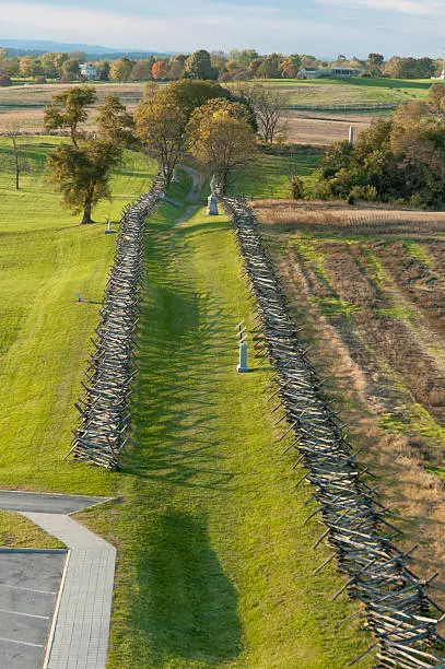 "Antietam Bloody Lane high angle view above the landscape taken in late evening light, Sharpsburg, Maryland, MD, USA."