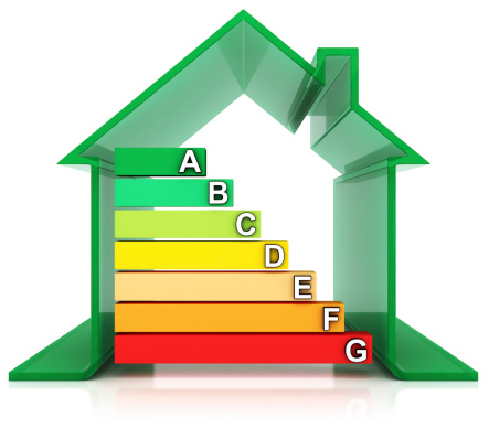 Green house and energy efficiency rating symbols.