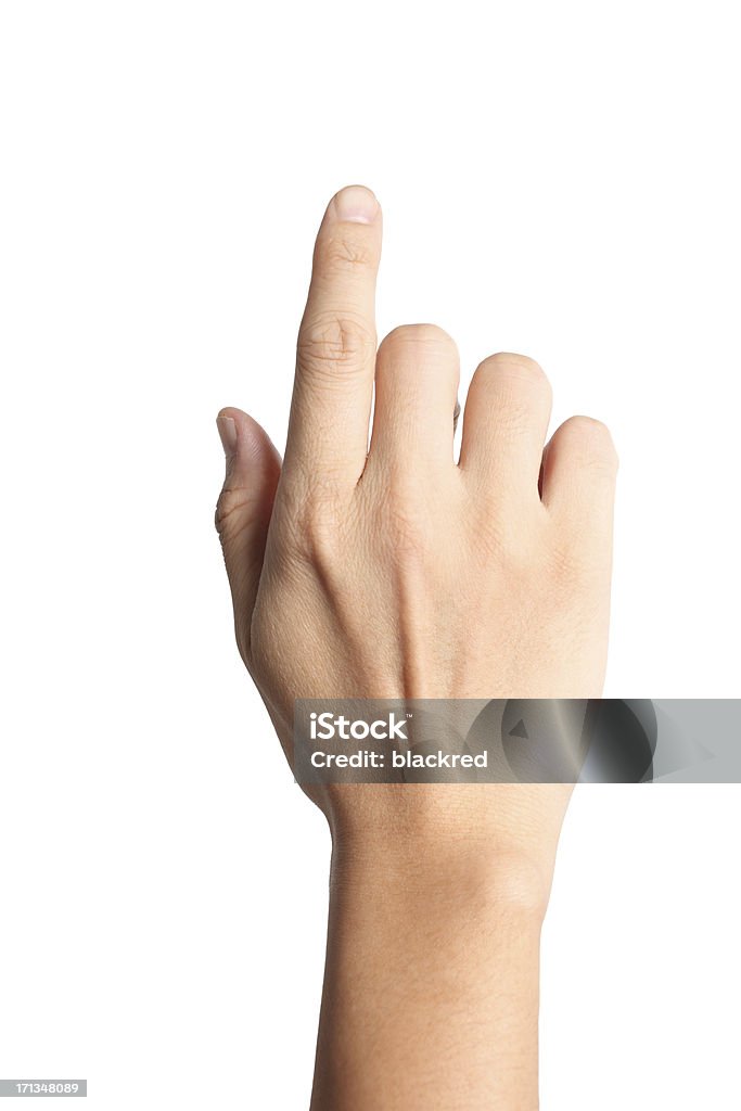 Touch Screen Finger "Index finger of a male hand is touching a virtual screen, isolated on white background. Clipping path included." Pointing Stock Photo