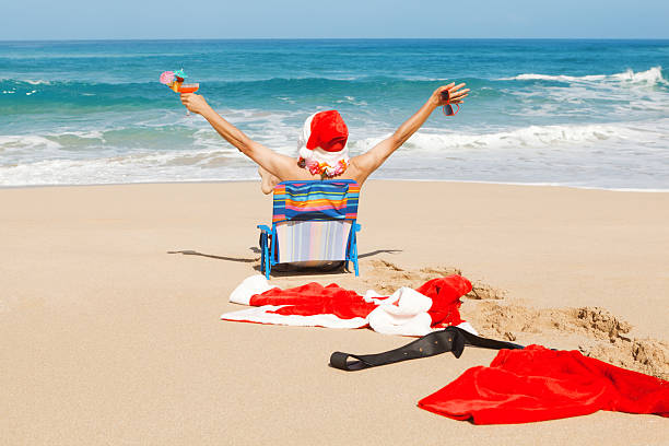 istock Happy Santa Winter Vacation on Tropical Paradise Beach 171348116