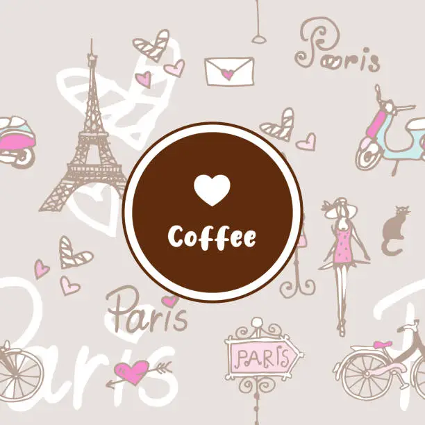 Vector illustration of Coffee Paris background label. Paris theme illustration.