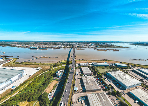 Aerial photo from a drone of The Queen Elizabeth Bridge II, spanning from Thurrock in Essex to Dartford in Kent