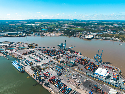 Drone view of Tilbury Docks in England