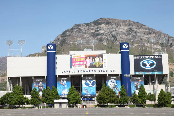 LaVell Edwards Stadium "Provo, Utah, USA - May 13, 2012: Exterior view of LaVell Edwards Stadium home field of the BYU Cougars" brigham young university stock pictures, royalty-free photos & images