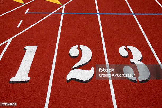 Numbers 1 2 3 On Red Running Track Stock Photo - Download Image Now - Achievement, Close-up, Competition