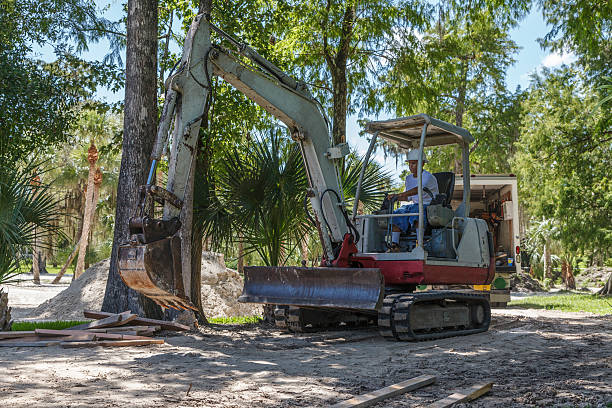 A small crawler track backhoe is moving past palm and cypress trees on a construction site in Southwest Florida.